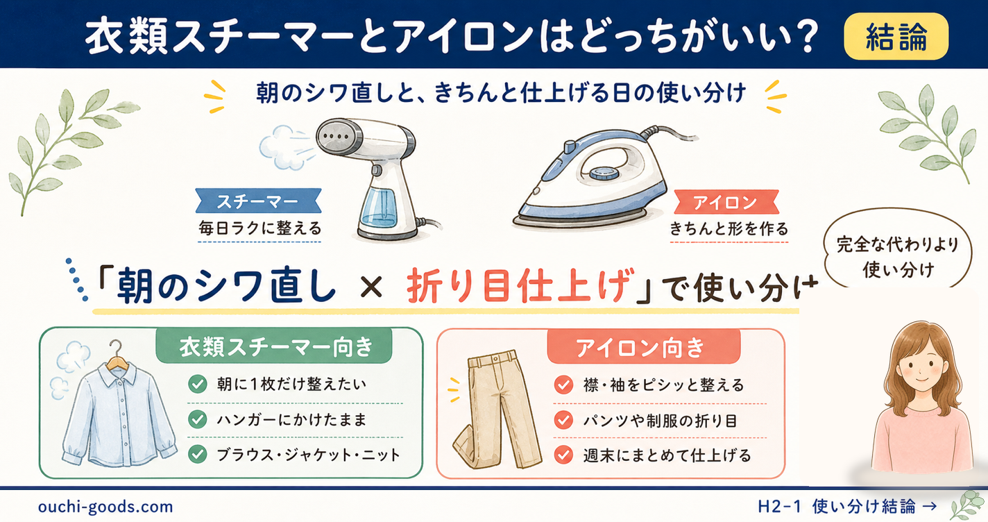 衣類スチーマーとアイロンの使い分けをまとめた図解。朝のシワ直しは衣類スチーマー、折り目仕上げはアイロン向き。