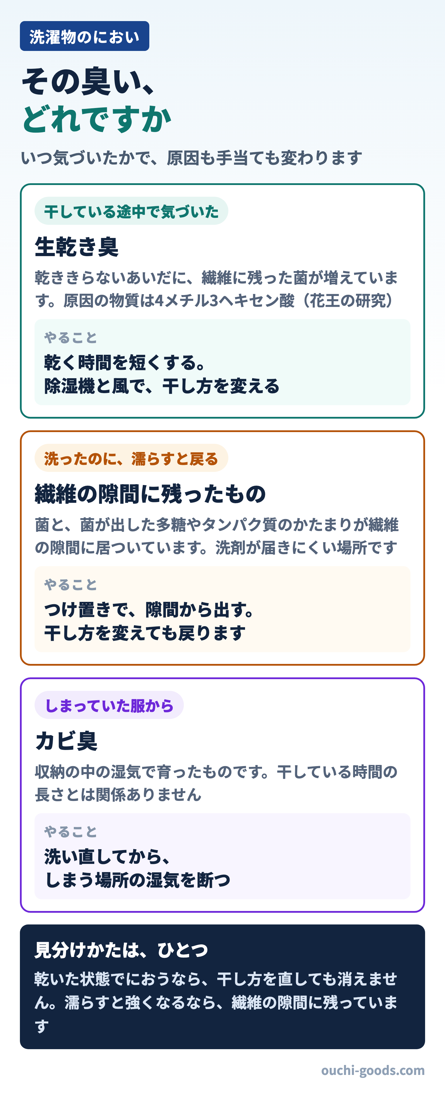 洗濯物のにおいを3種類に分けた図。干している途中で気づくのが生乾き臭、洗ったのに濡らすと戻るのは繊維の隙間に残ったもの、しまっていた服から出るのはカビ臭